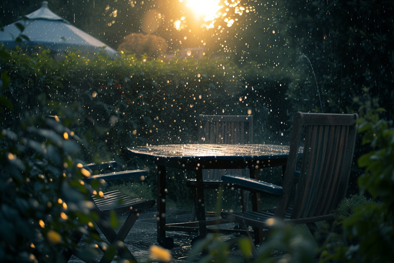 Zahradní nábytek v dešti.